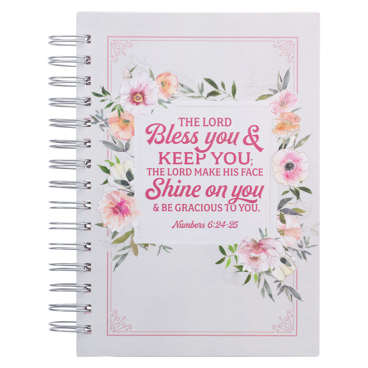 Bless You and Keep You White and Pink Floral Wirebound Journal - Divine Touch